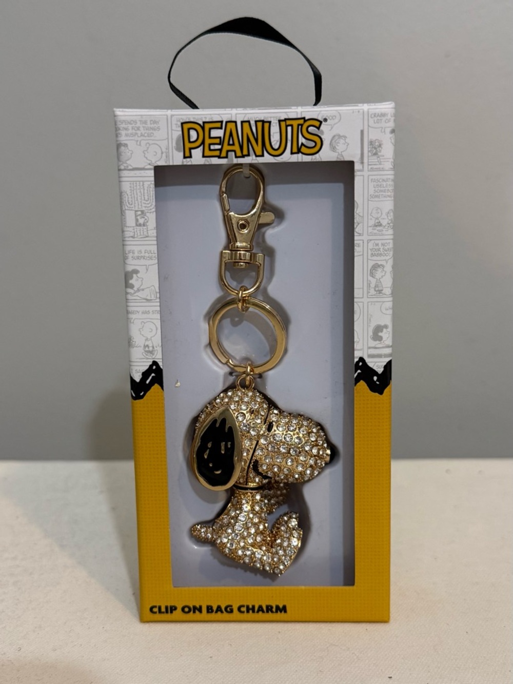 Peanuts Gold Tone and Black Snoopy 3D Crystal Clip-On Bag Charm Keychain